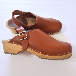 MIA Alma Free People Swedish Wooden Clogs Cognac Brown Leather 38 (7.5) 70s